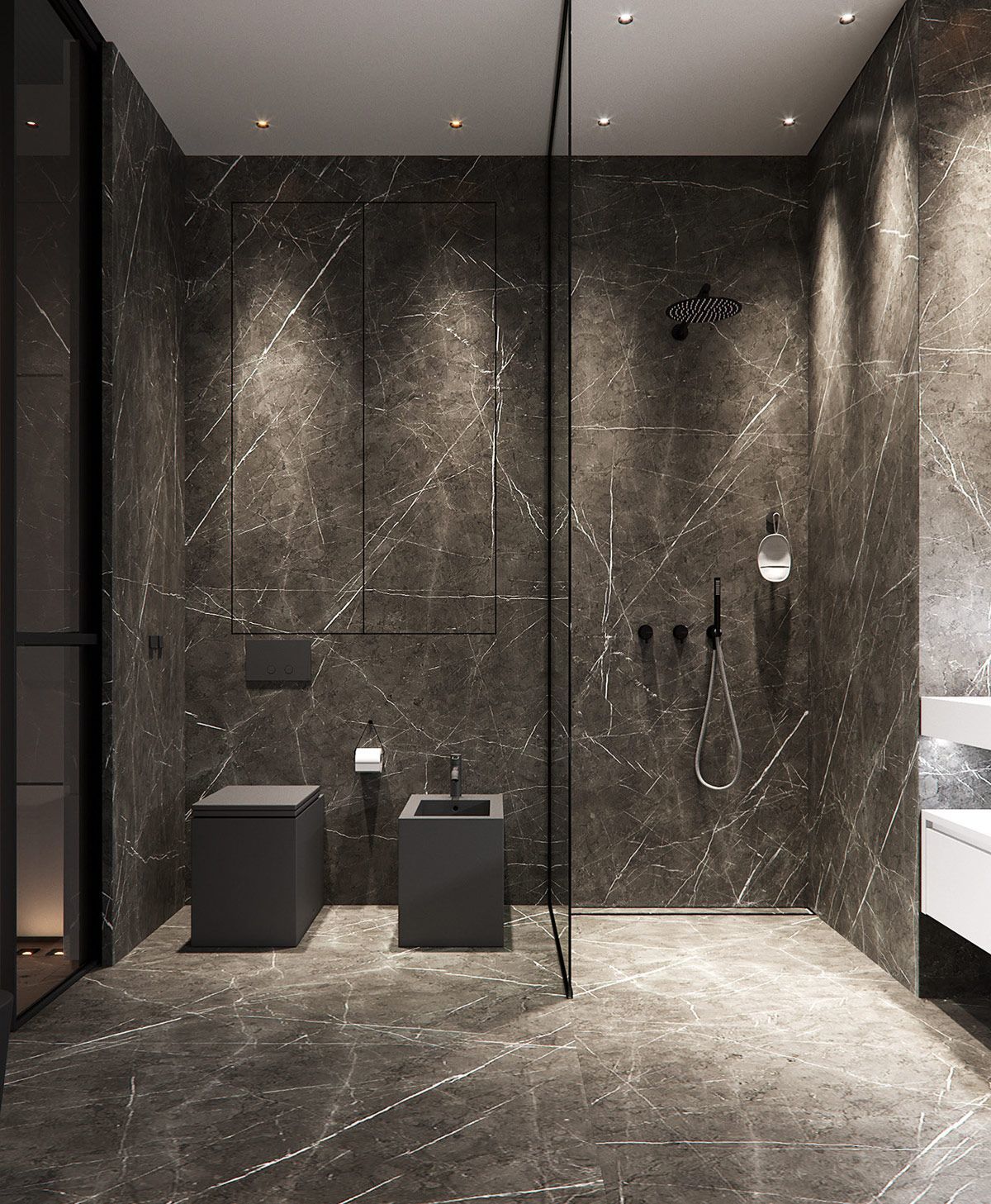 Nagyon cool kőmintás fürdőszoba walk-in zuhanyzóval