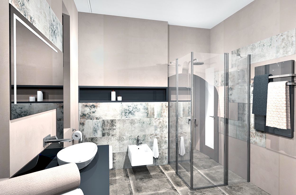 Fürdőszoba modern mintás burkolatokkal
