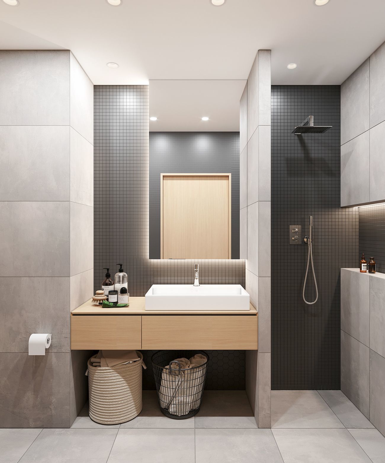 Zuhanyzós fürdőszoba beton mintás burkolólapokkal