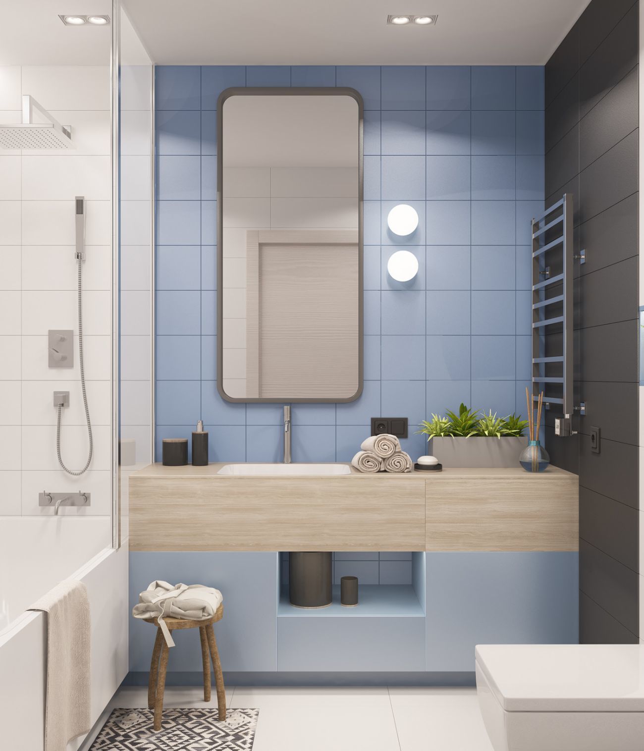 Fürdőszoba világoskék csempével és szekrénnyel