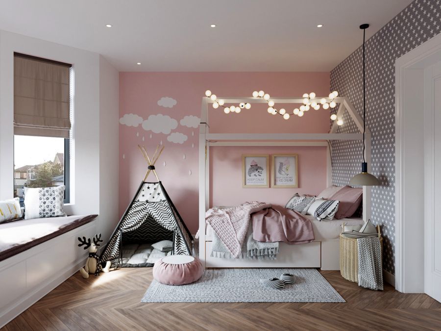 Rózsaszínű lányszoba sátorral
