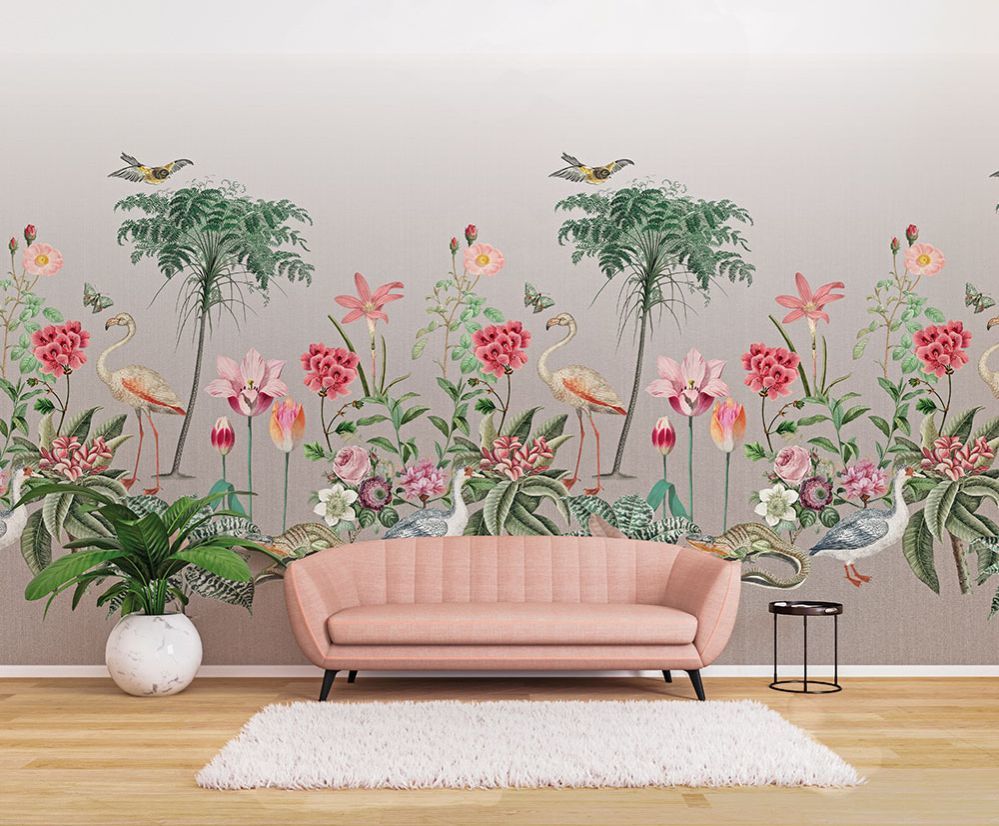 Flamingók és virágok tapéta panel