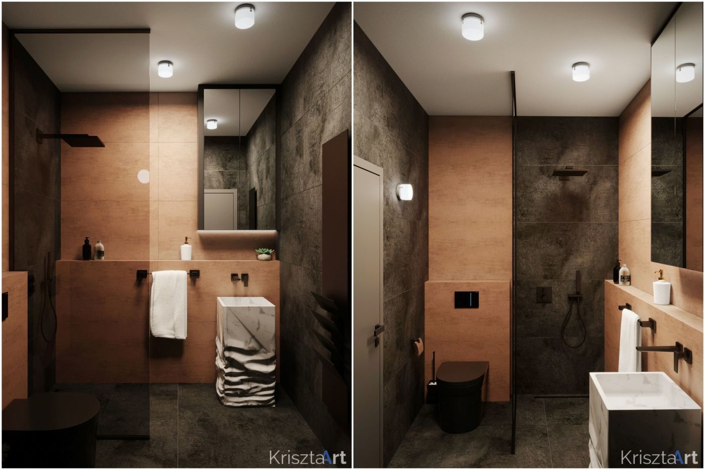 Téglavörös és barna színkombináció a fürdőszobában