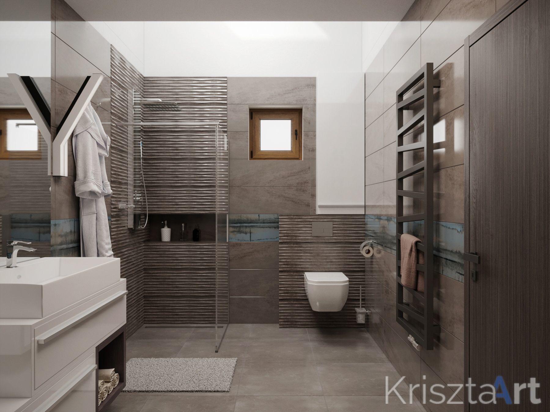 Látványterv: egyedi tervezésű bútorok és barnás csempék a földszinti fürdőszobában