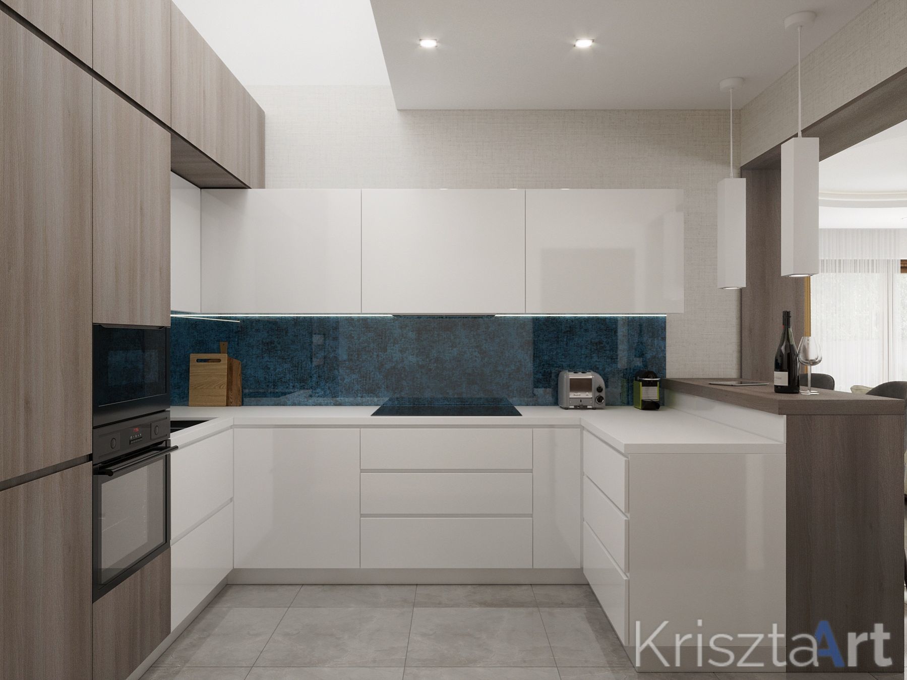 Látványterv: A konyhafal még a kék színekben