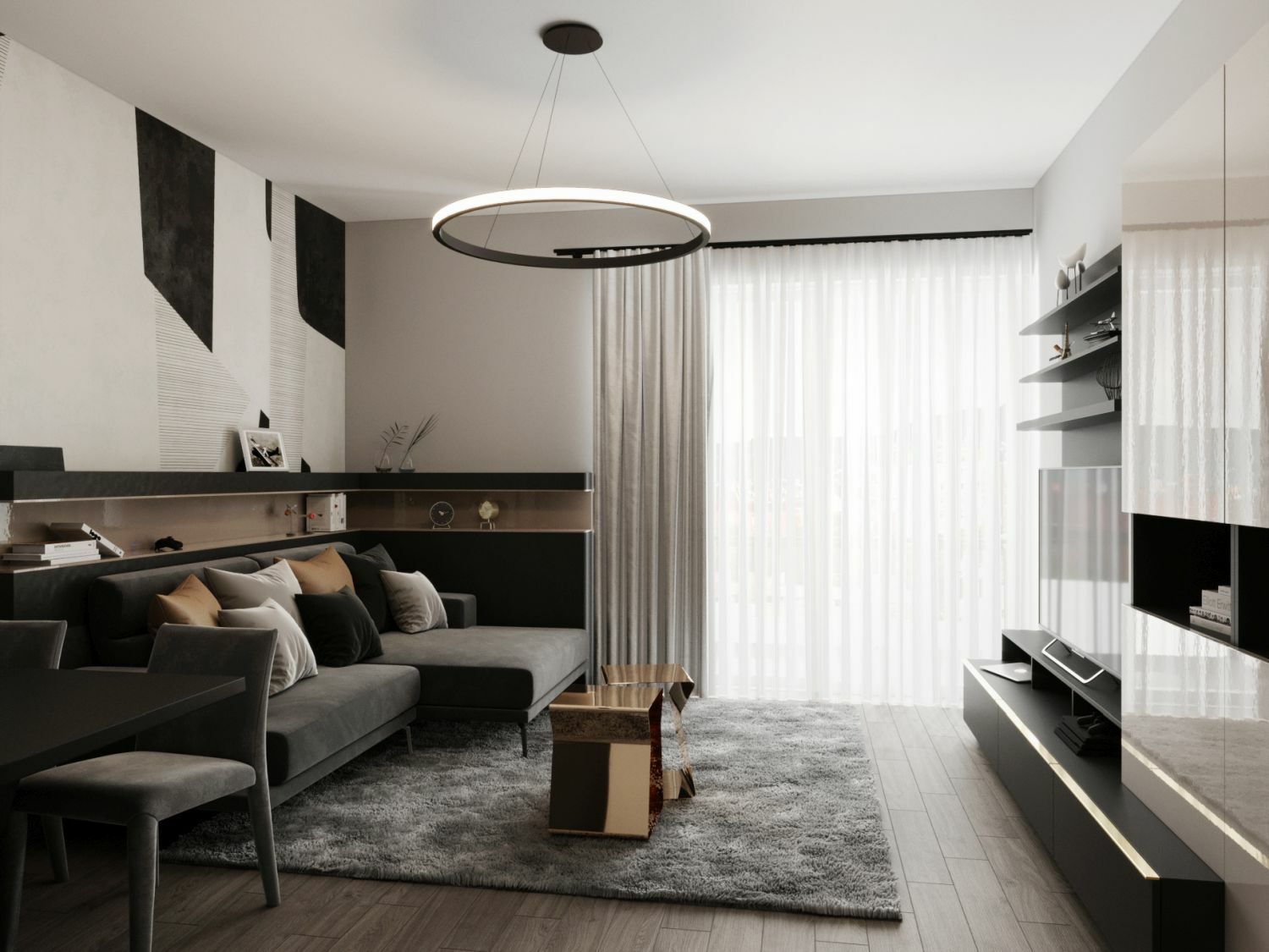 Egyedi tervezésű polc és nappali bútorok fényes felülettel