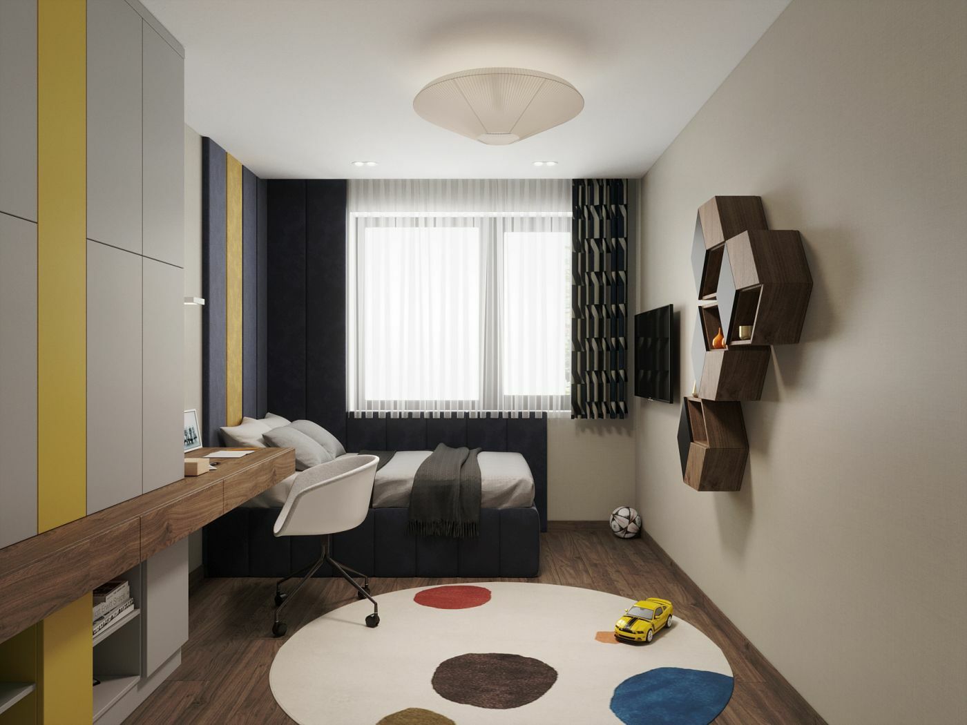 Hatszögletű falipolcok teszik modernné a szobát