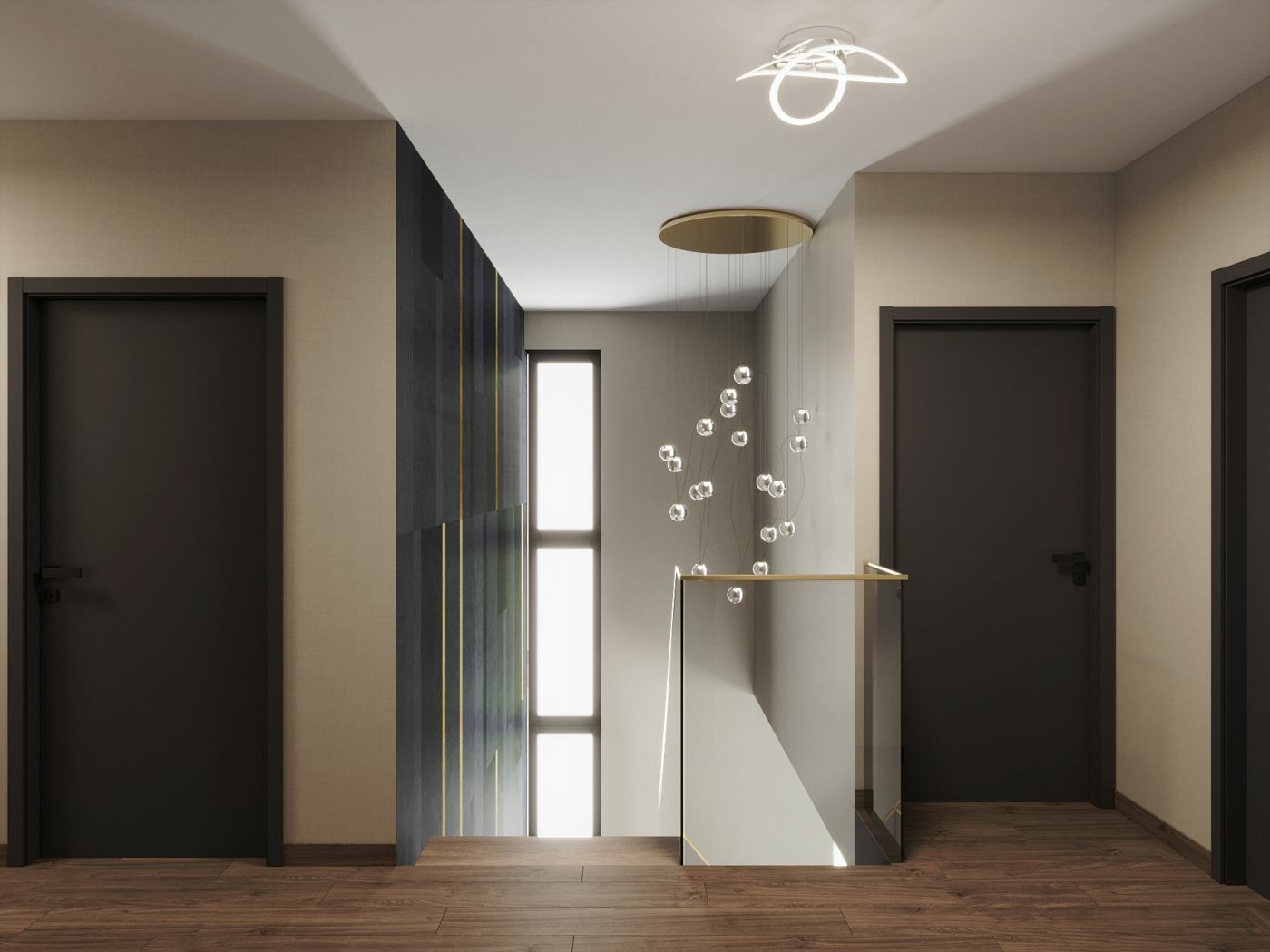 Design lámpák világítják meg az emeleti közlekedőt