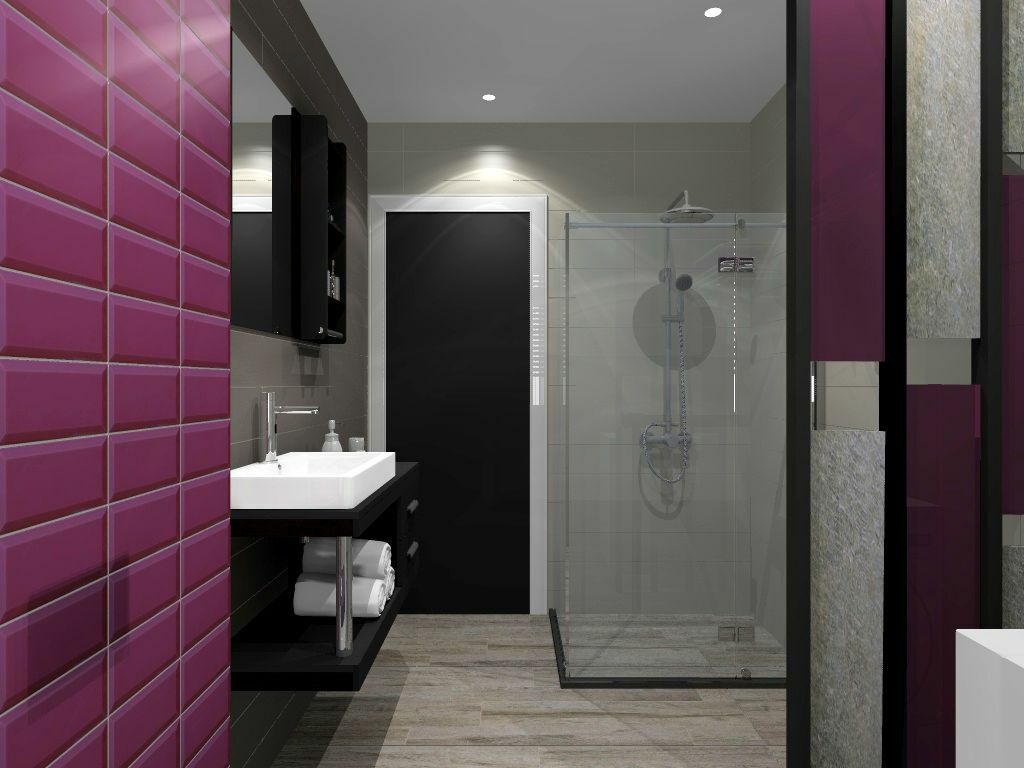 Fürdőszoba látványterv szintén lila metró csempével