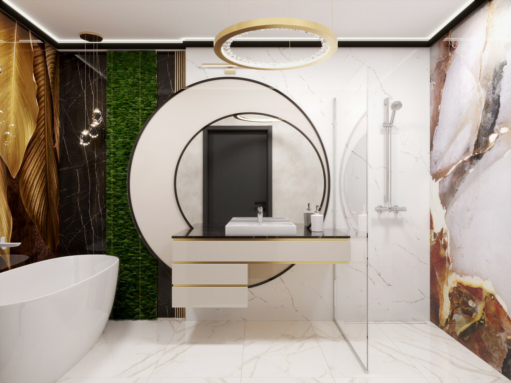 Zuhanyzó és térbe állított ovális fürdőkád