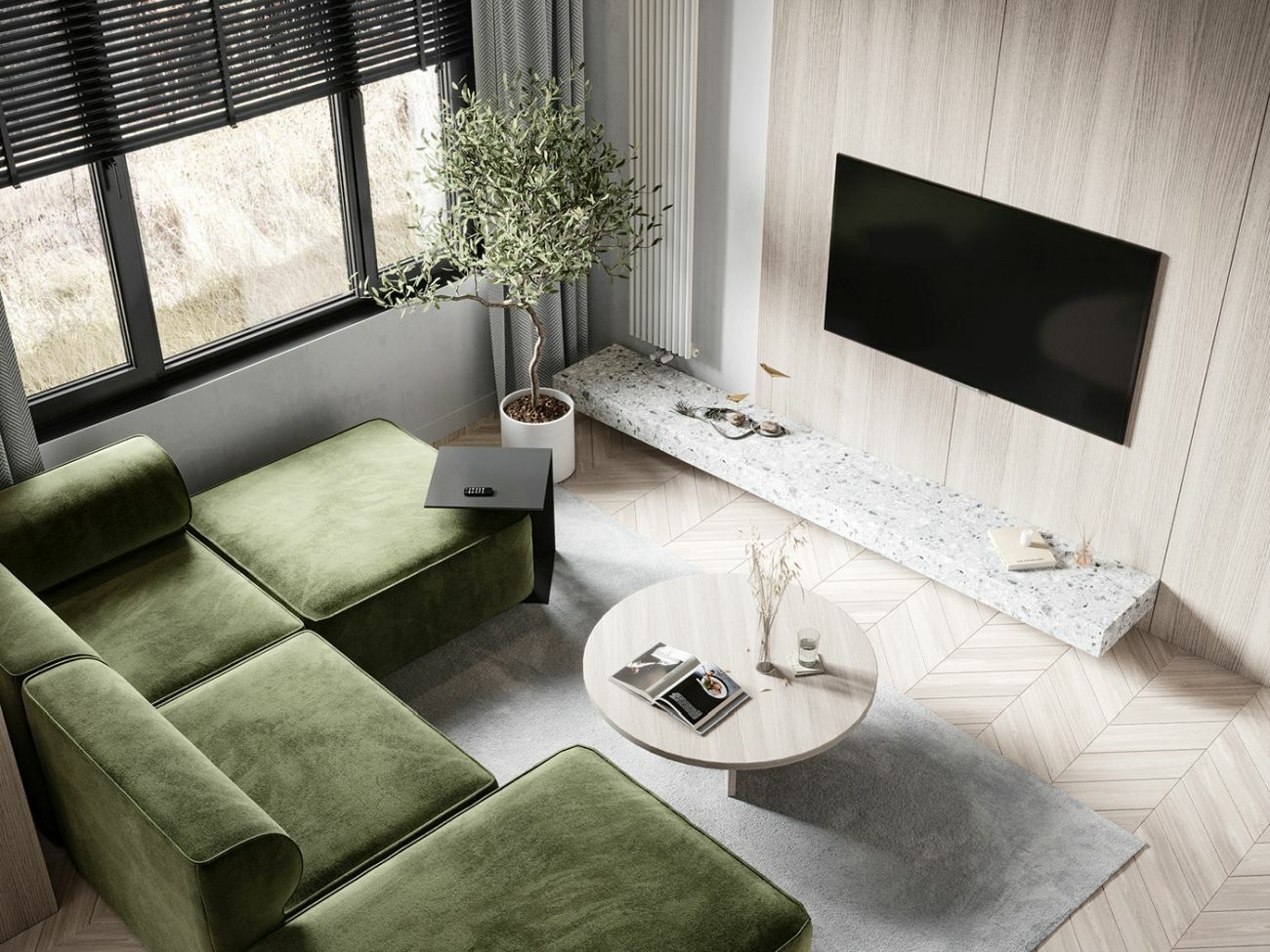 Szép kiegészítő a zöld növény a modern bútorok között