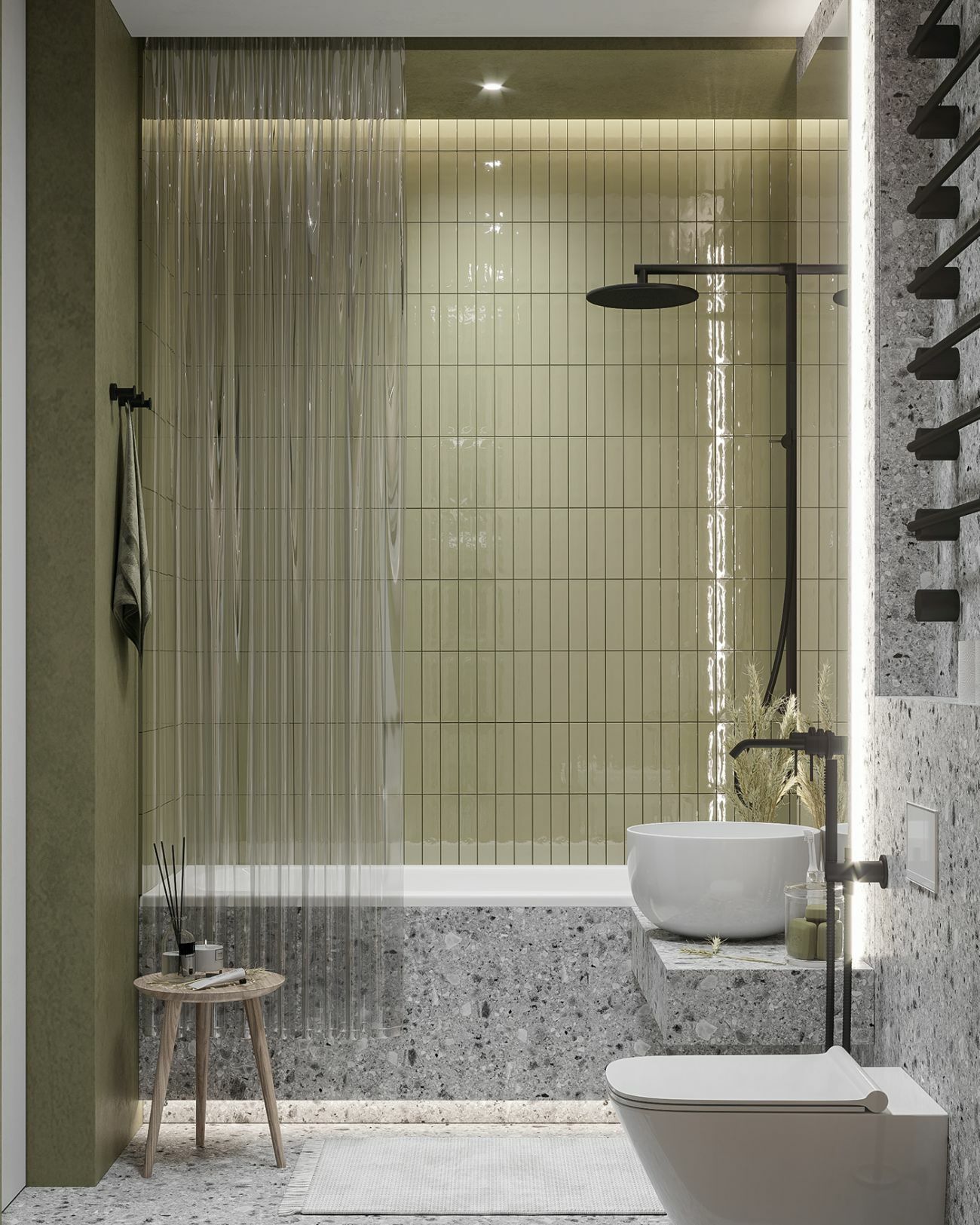 Zuhanyzós fürdőkád sárgászöld falicsempével