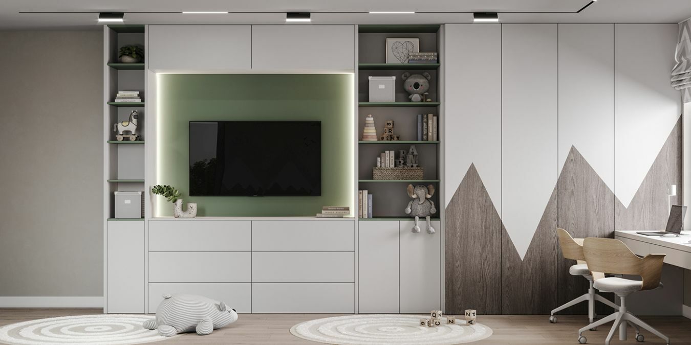 Egyedi tervezésű szekrény és egy tv a gyerekszobában