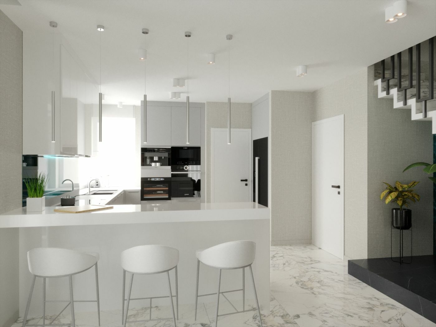 Modern fehér konyha a kért beépített konyhai gépekkel