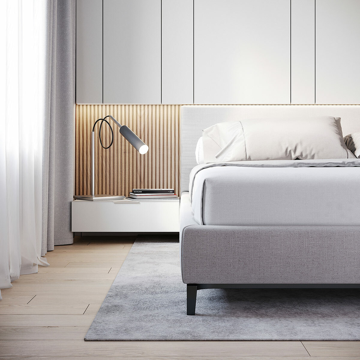 Dekoratív bordázott falpanel elem az ágy két oldalán
