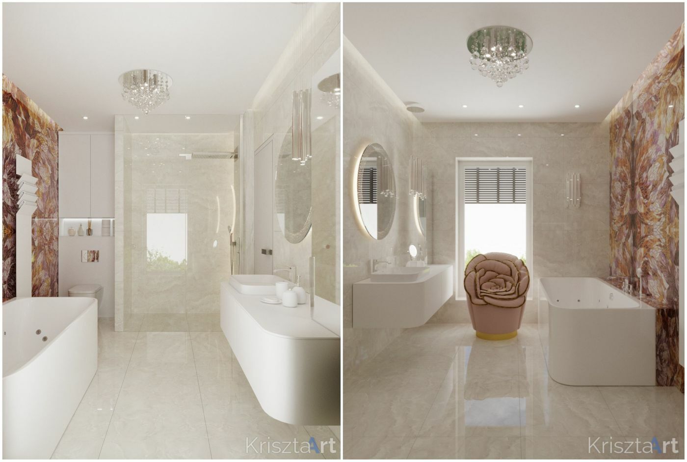 Fürdőszoba különleges burkolattal és rózsa formájú fotellel