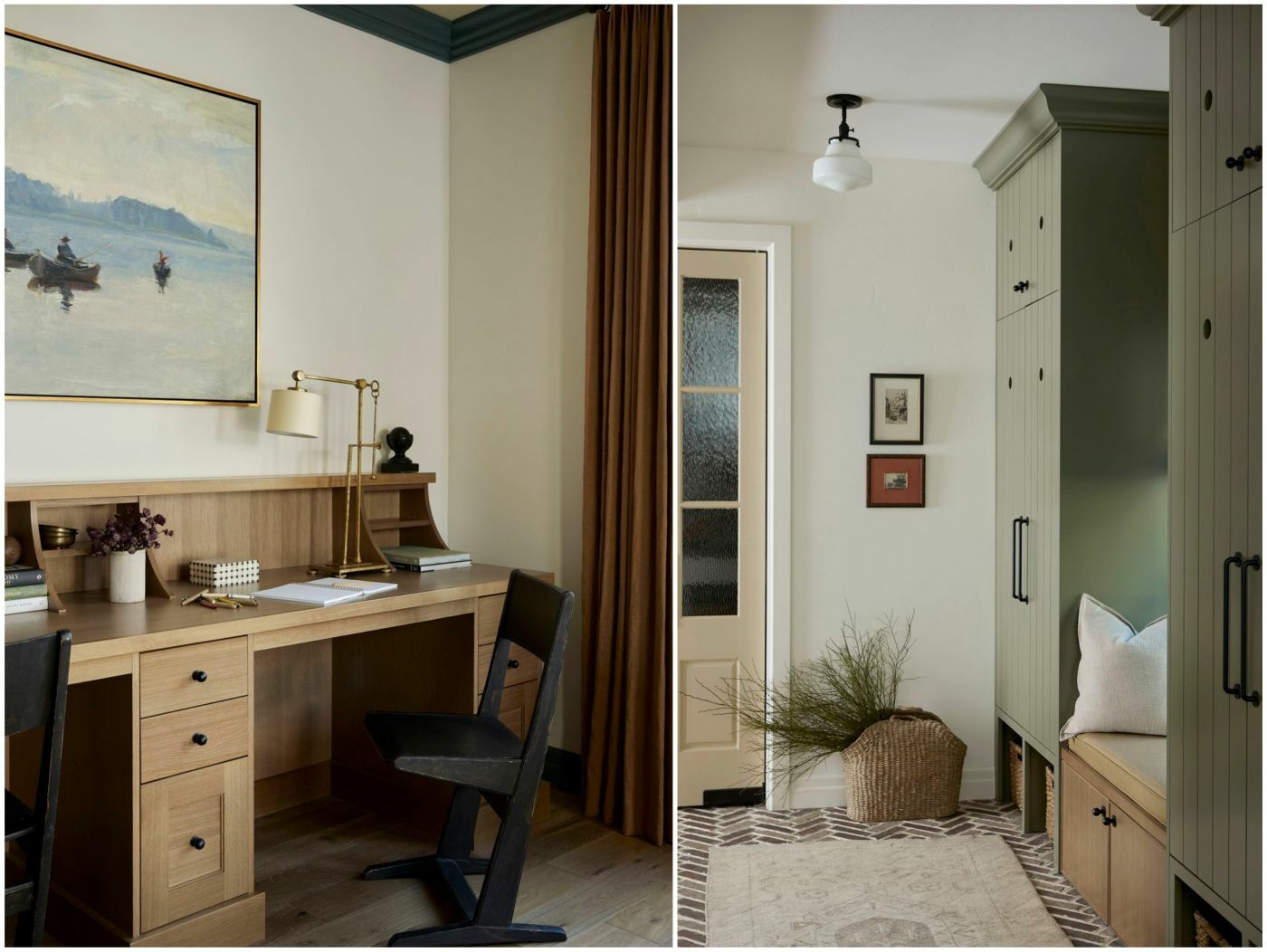 Zöld előszobai szekrények és asztalos által készített íróasztalok