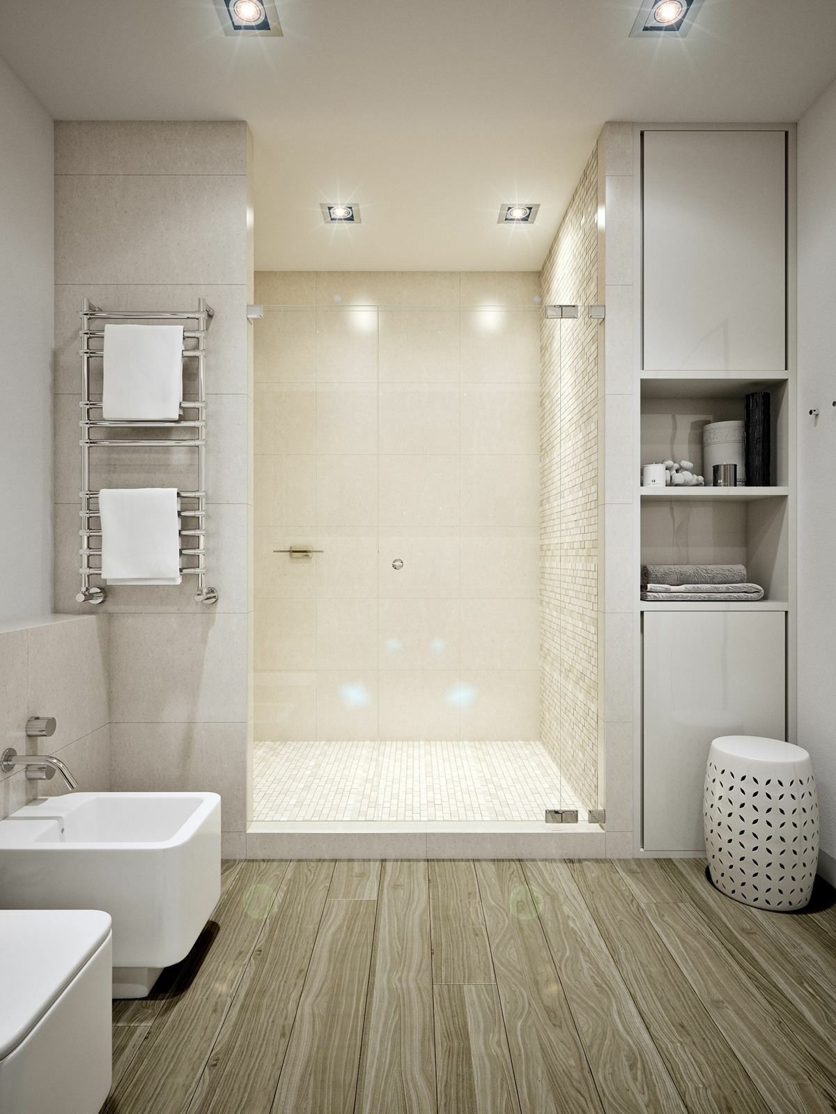 Krém színű árnyalatok és fehér színek a zuhanyzós fürdőszobában