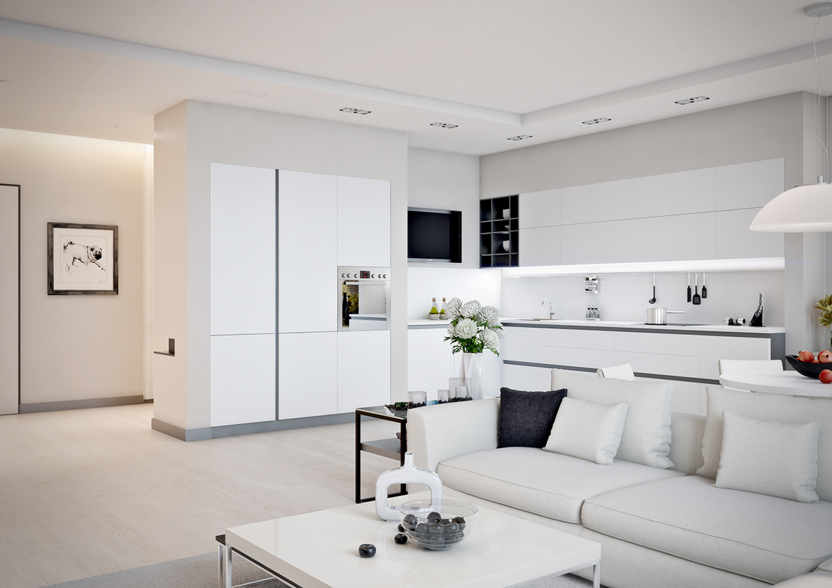 Modern otthon látványos minimál fehér konyhával