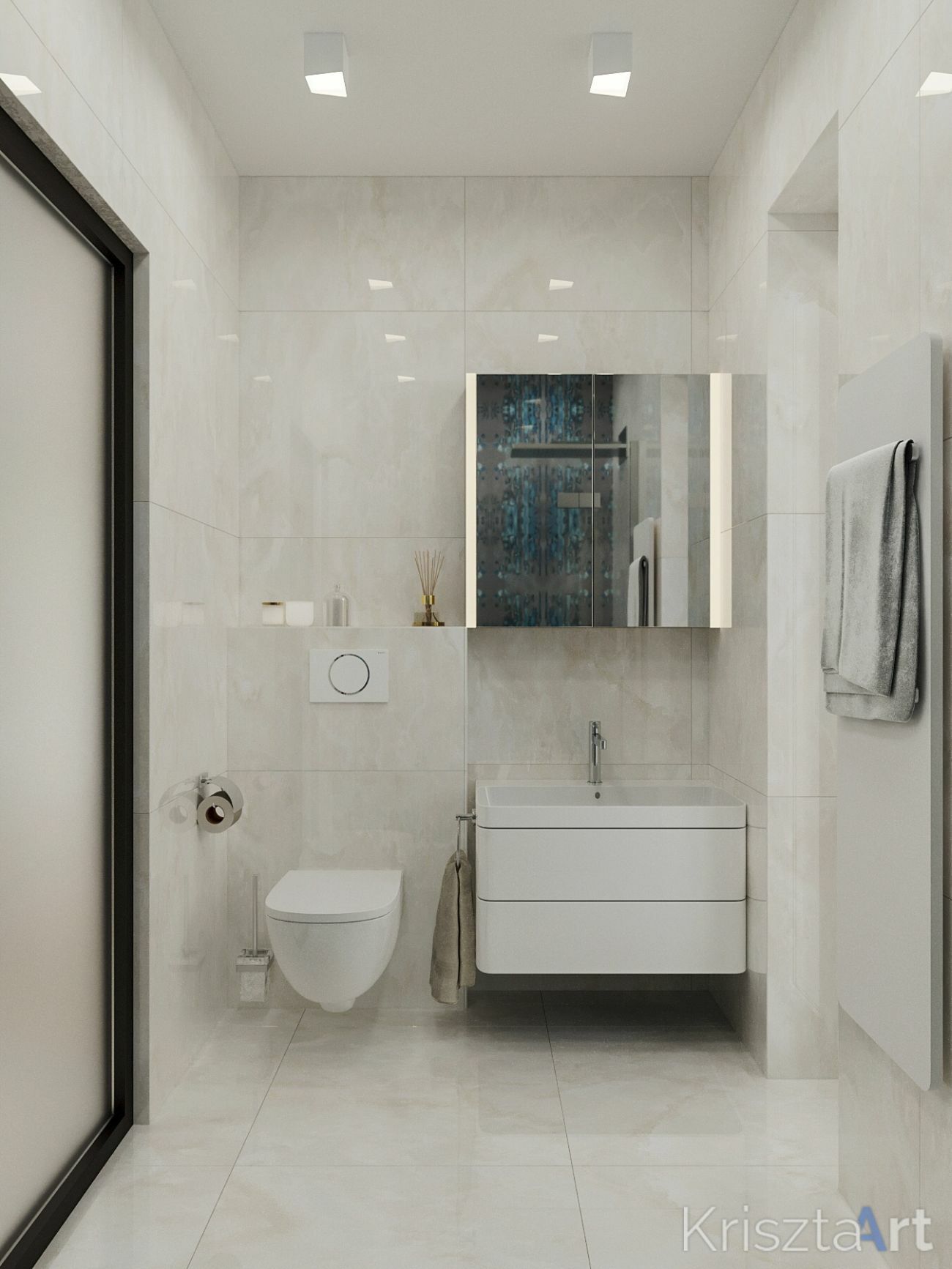 Modern fürdőszoba világos burkolatokkal
