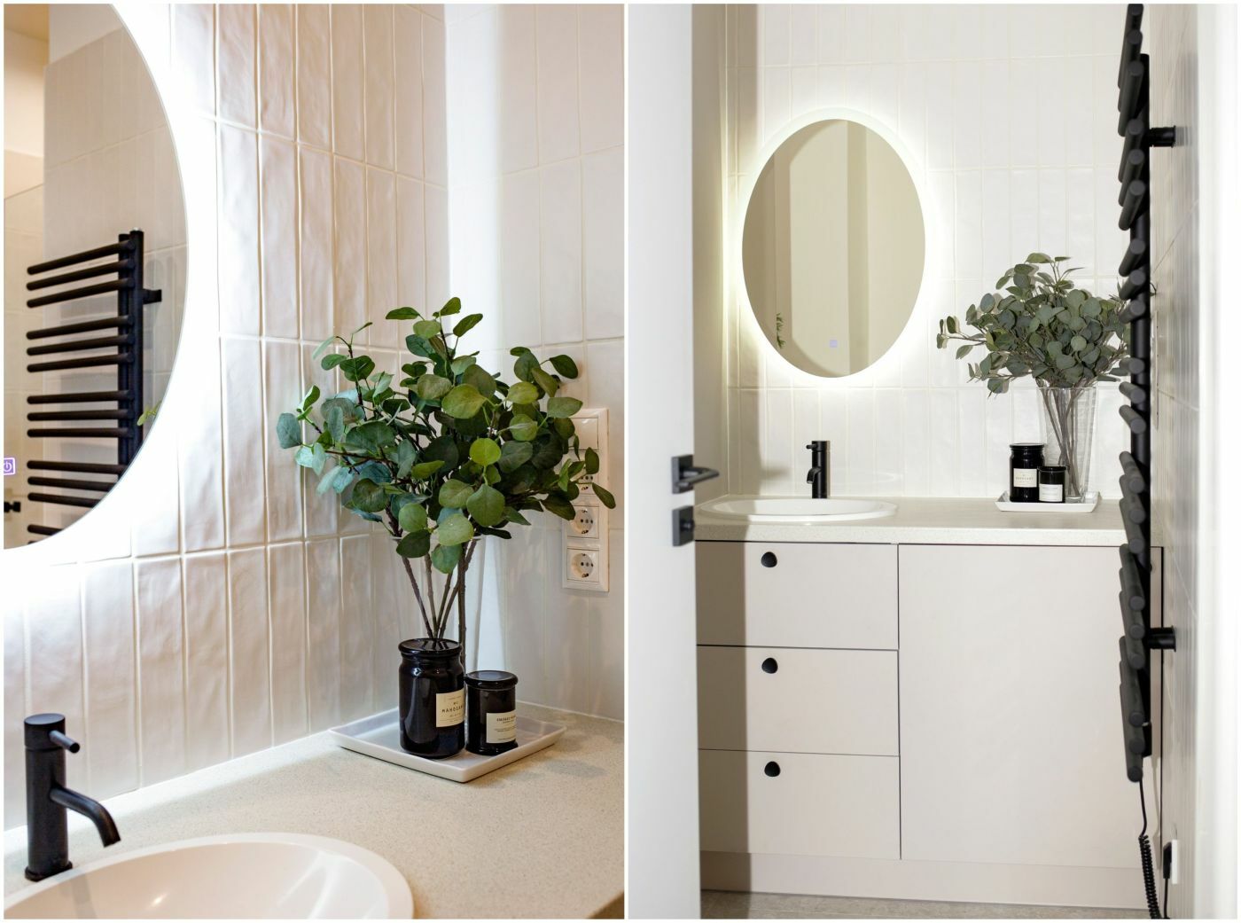 Fürdőszoba modern falicsempével ovális tükörrel