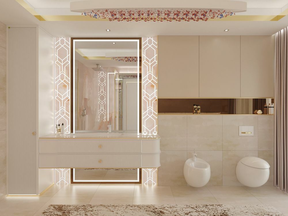Nagy tükrös luxus fürdőszoba fali wc-vel