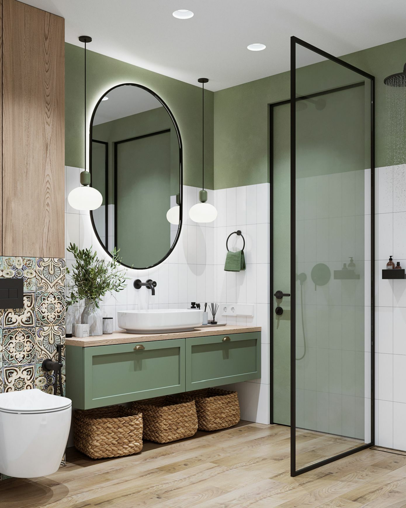 Fürdőszoba zöld szekrénnyel