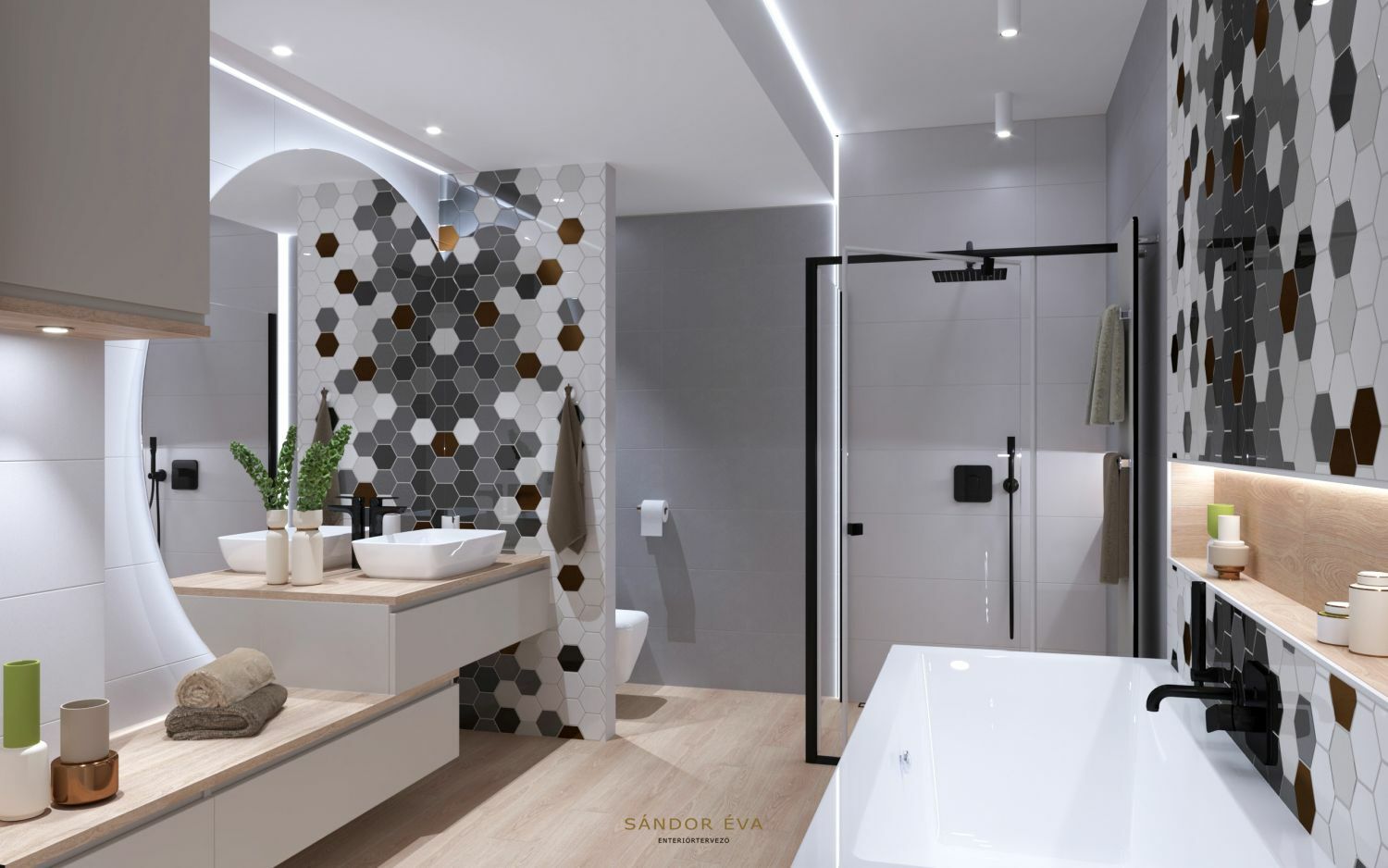 Fürdőkádas és zuhanyzós fürdőszoba nagy kerek tükörrel