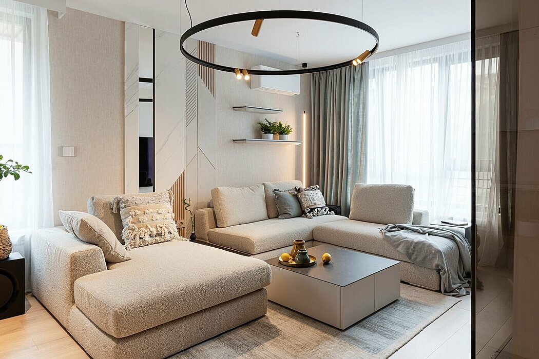 Moduláris kanapé és kör alakú design lámpa szinkronja