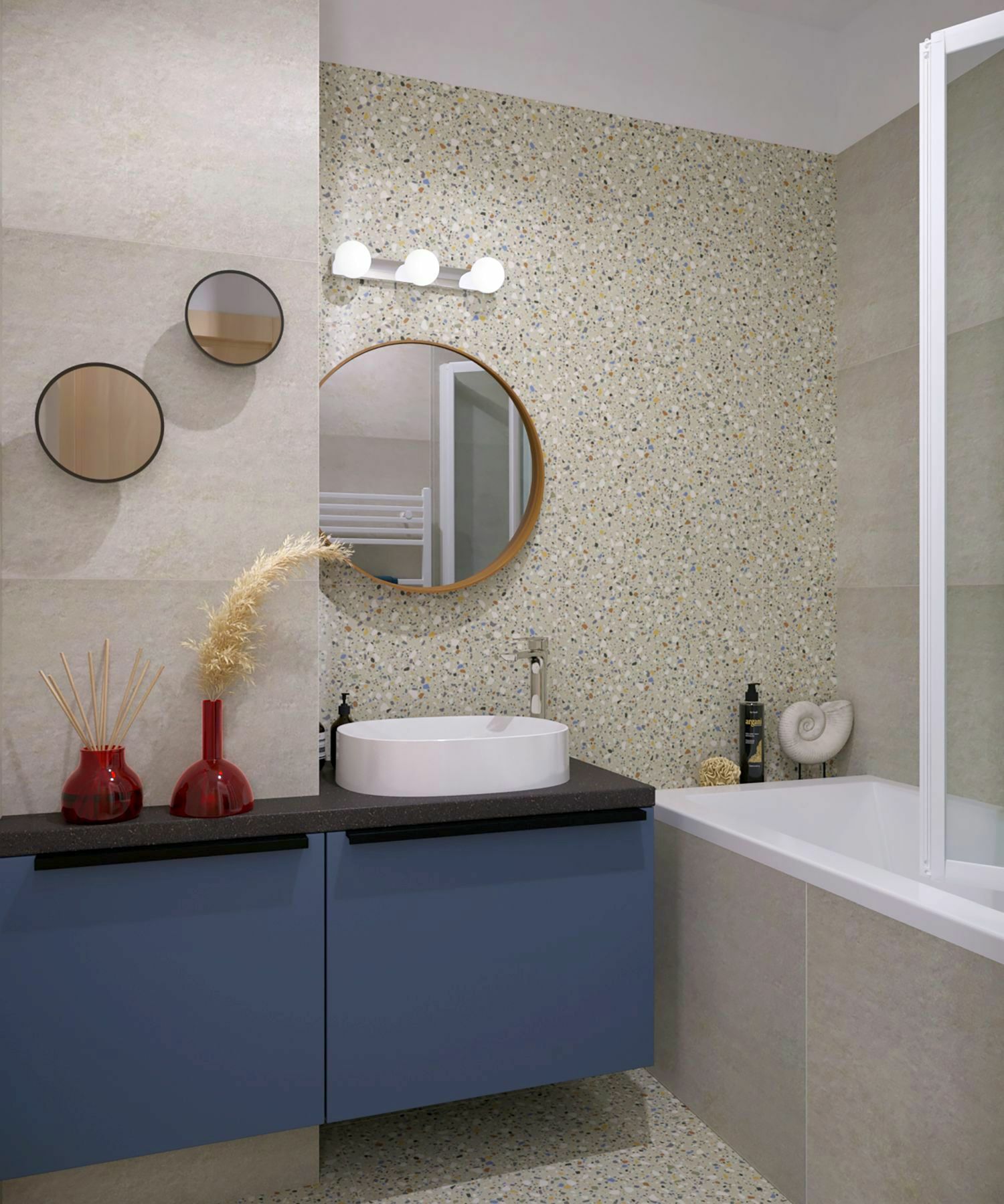Fiatalos fürdőszoba kék szekrénnyel és kádparavánnal