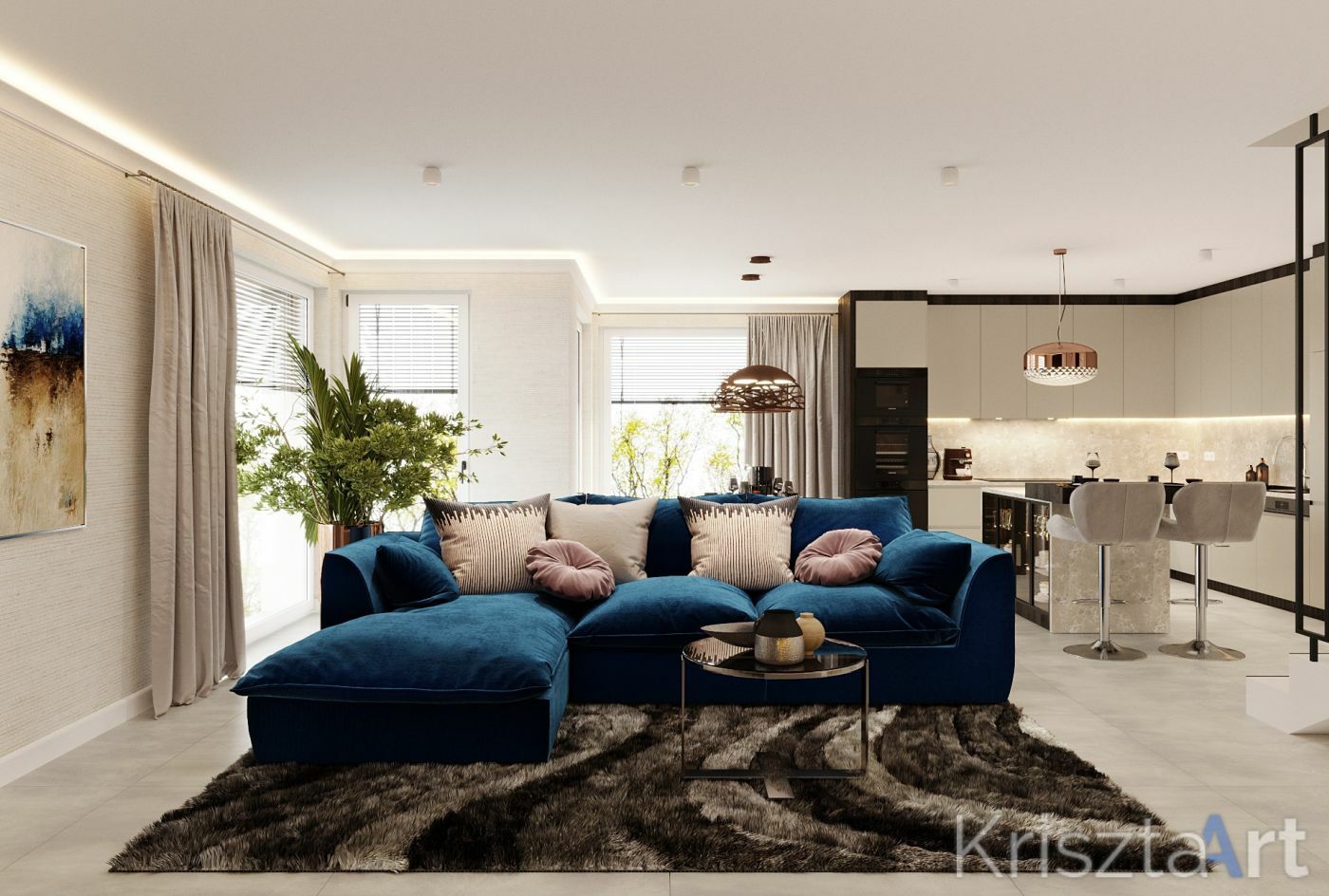 Elegáns nappali kék kanapéval és puha szőnyeggel