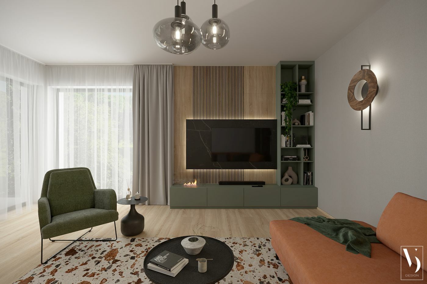 Kanapé, szóló fotel és modern nappali fal