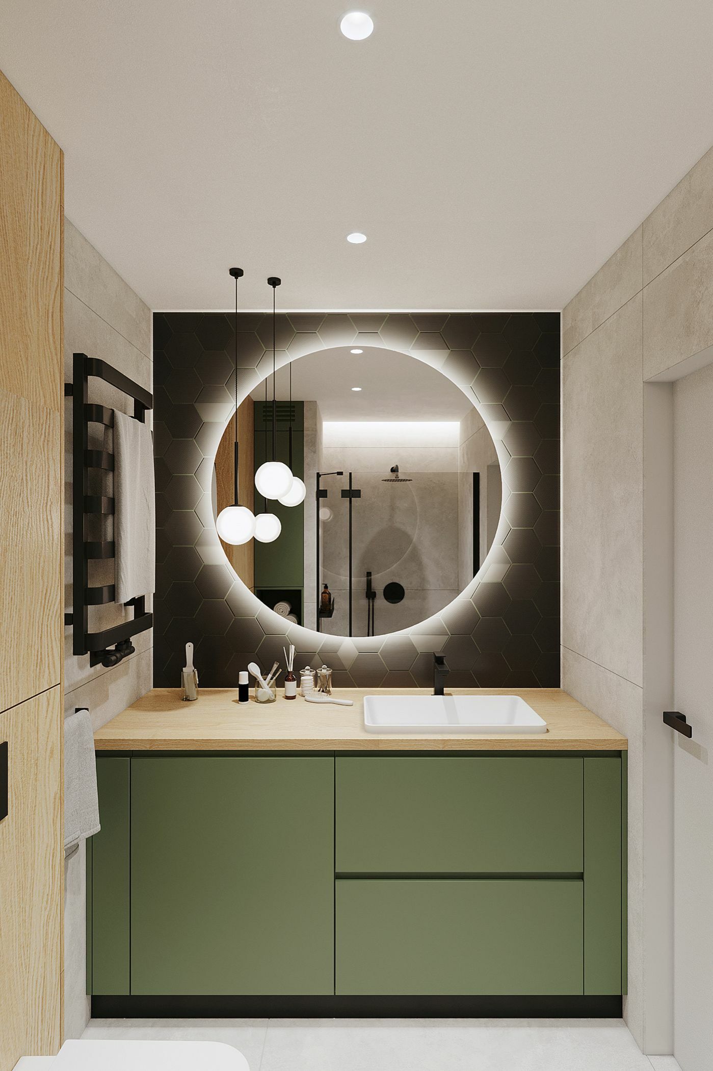 Zöld fürdőszobabútor kerek, led fényes tükörrel