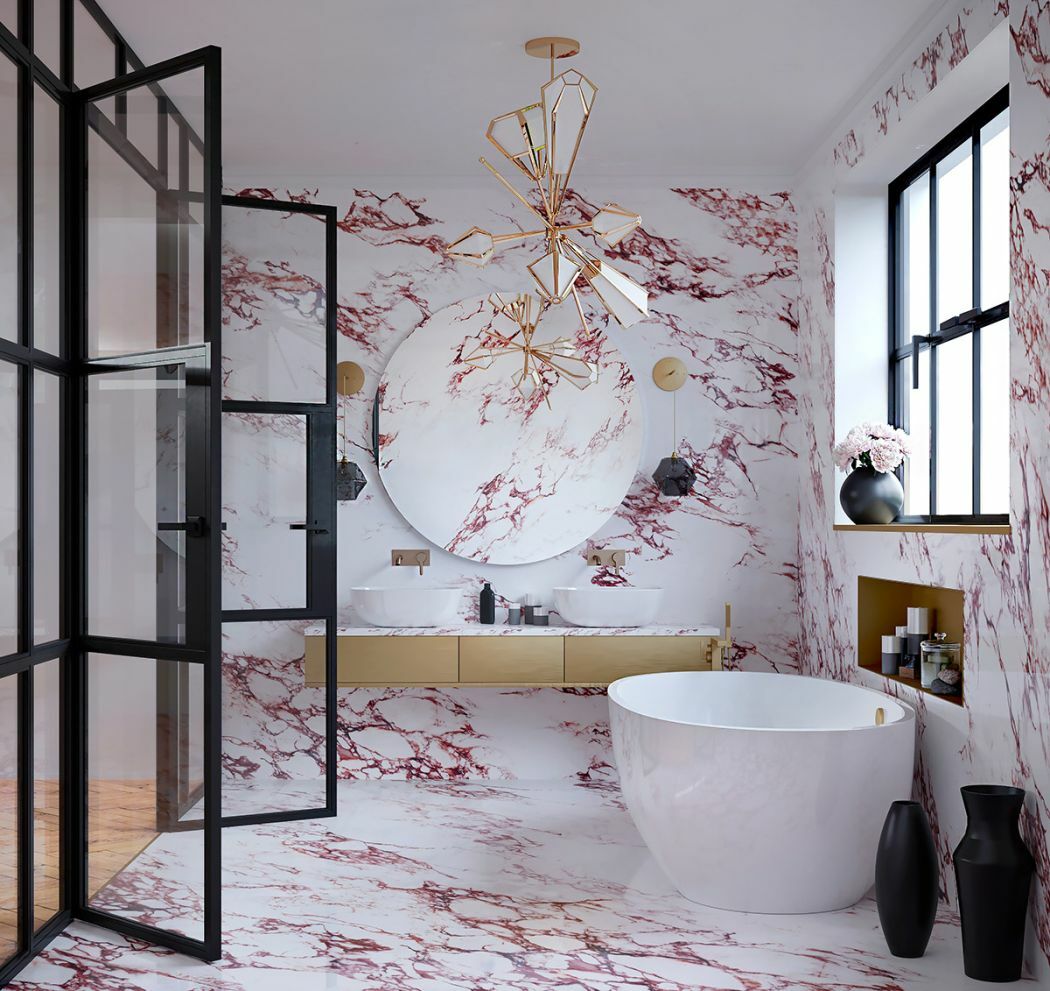 Modern márvány mintás fürdőszoba vöröses