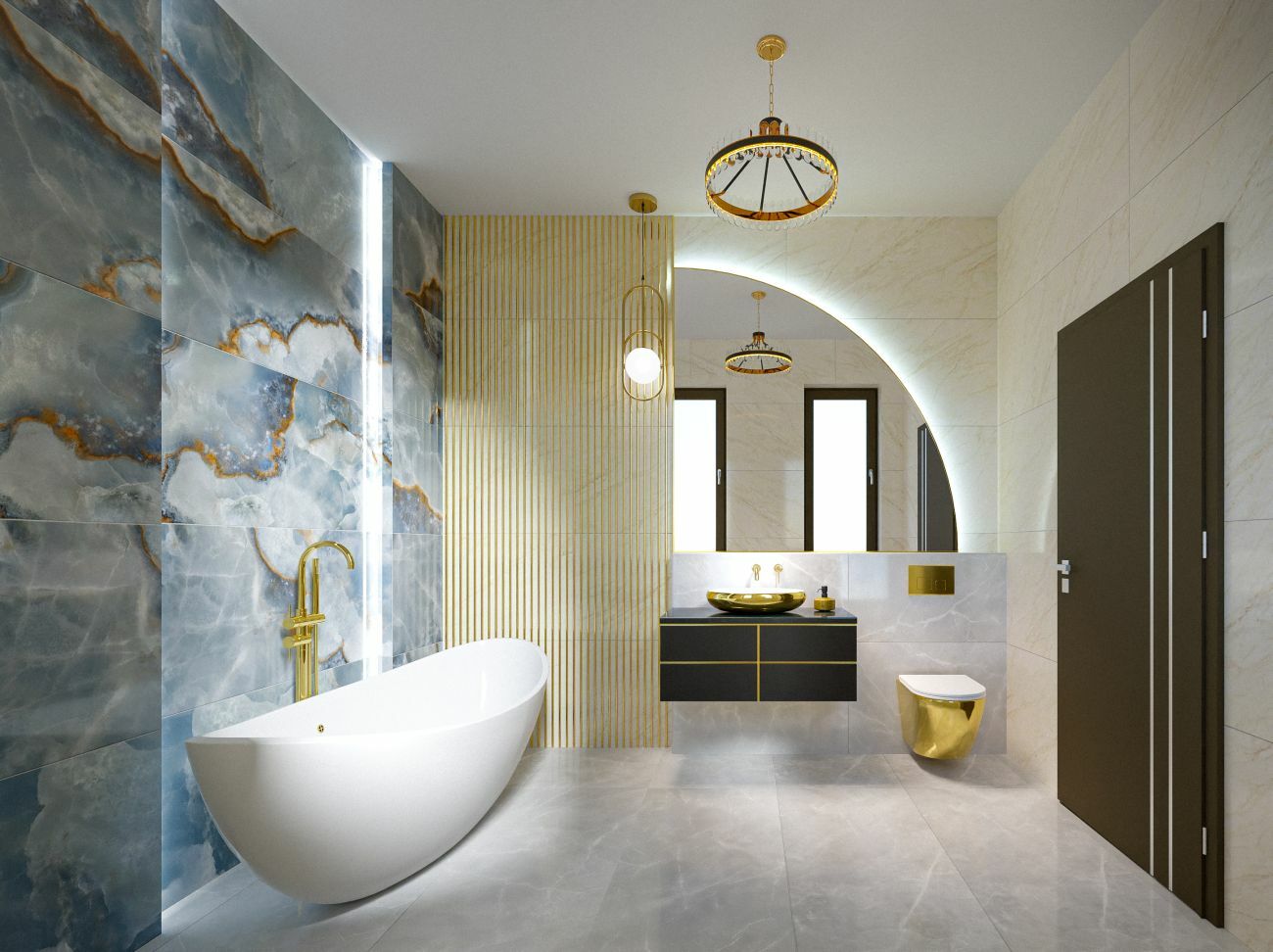 Hófehér fürdőkád és arany színű szaniterek egysége