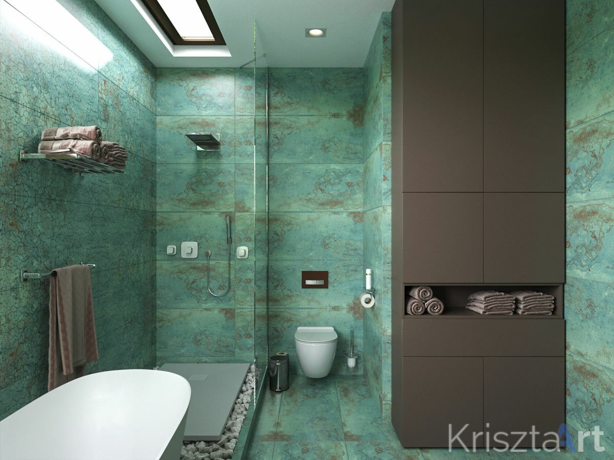 Zöld kőmintás burkolat uralja a fürdőszobát