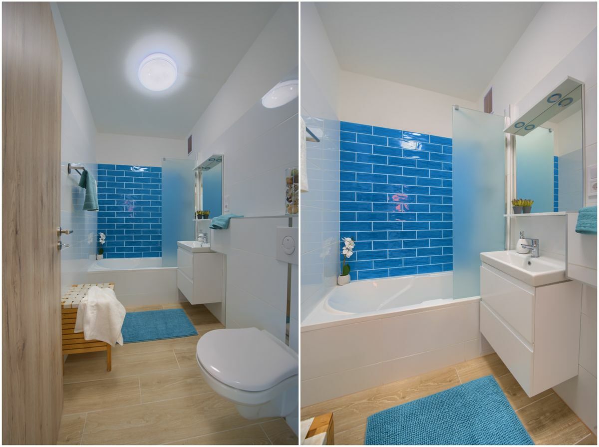 Élénk kék metró csempe egészíti ki a hófehér fürdőszoba berendezését