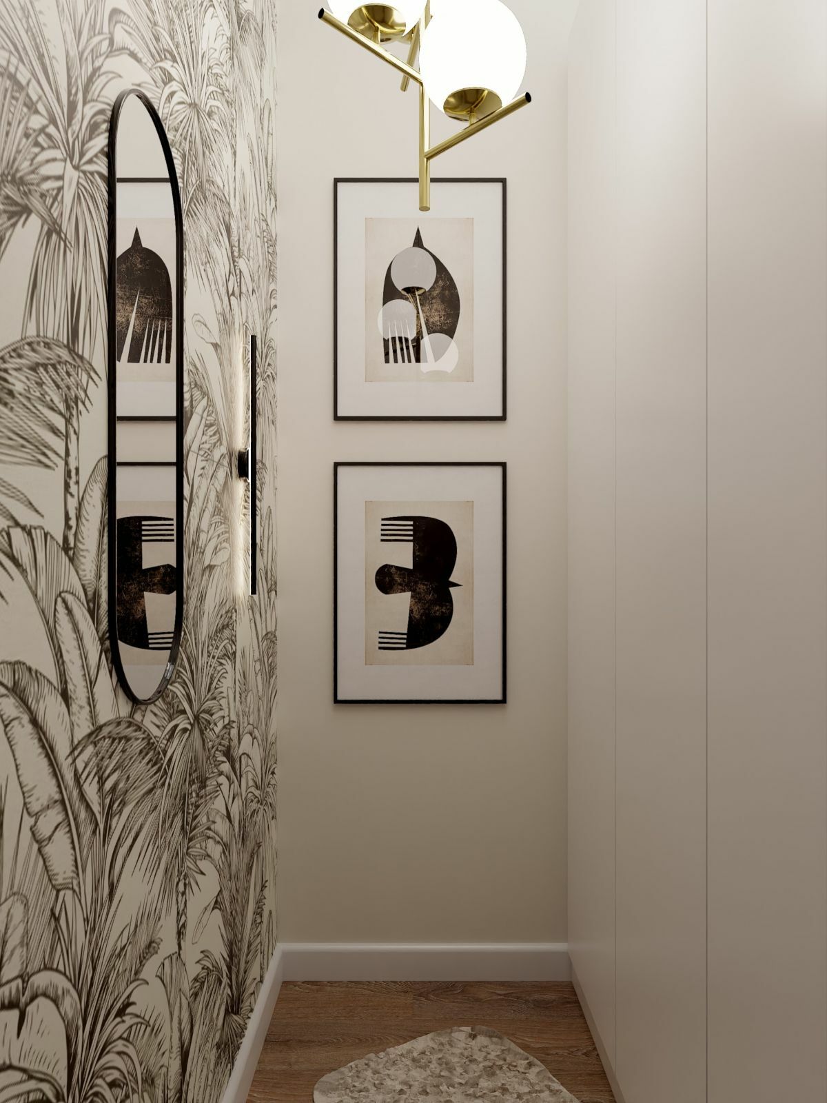 Különálló gardróbszoba monokróm tapétával és tükörrel