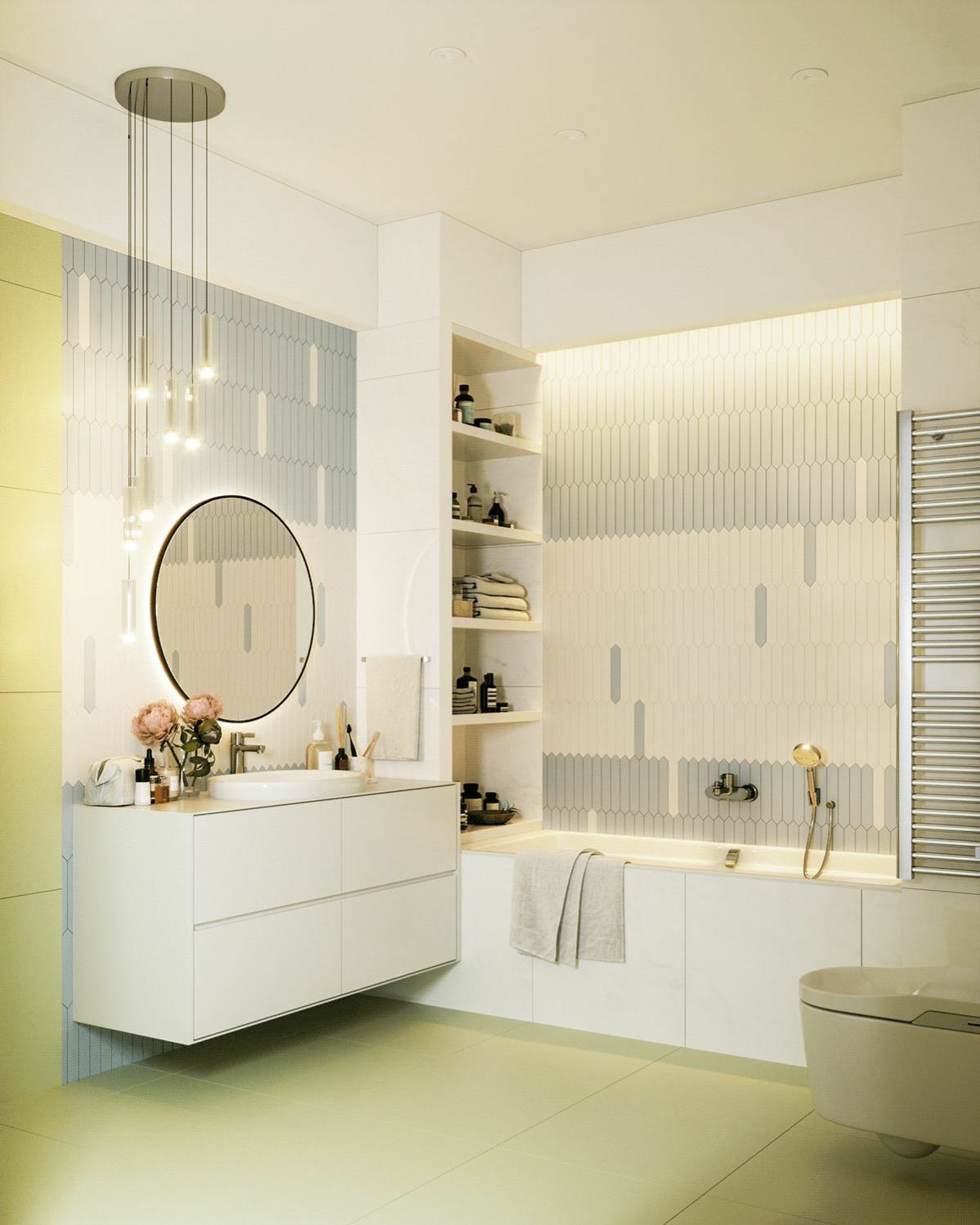 Modern fürdőszoba - Kétféle falicsempe játékos kombinációja