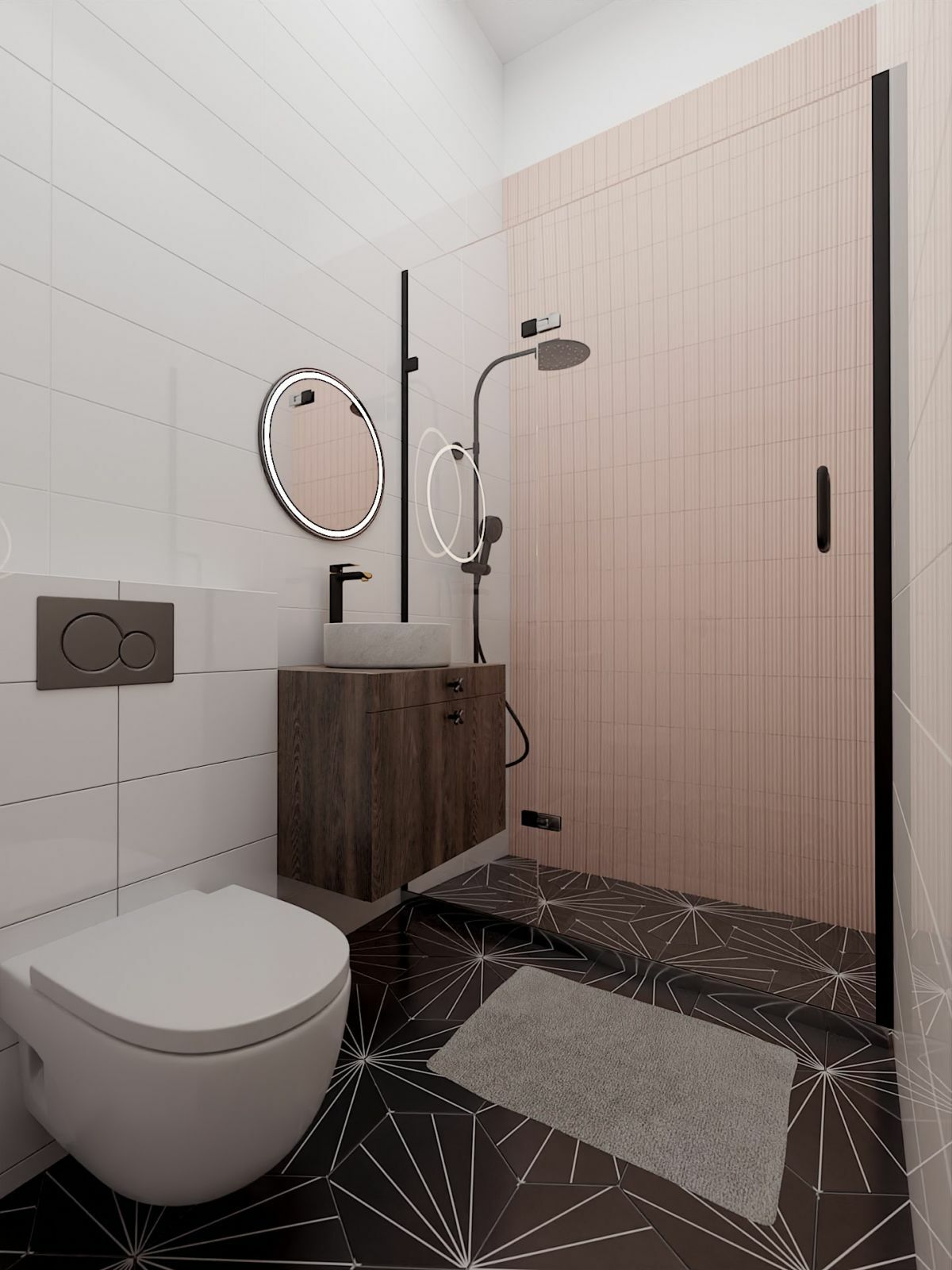 Tökéletesen megtervezett fürdőszoba a lakás jellemző színeivel a legújabb trendek szerint