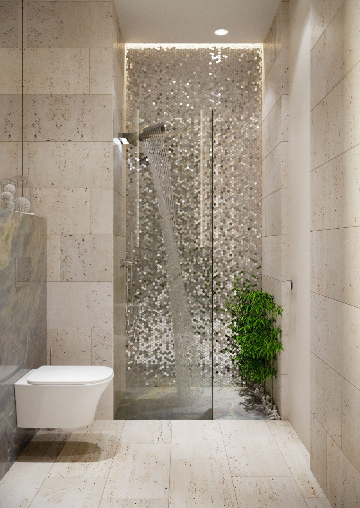 A női fürdőszoba zuhanyzója fém mozaikokkal