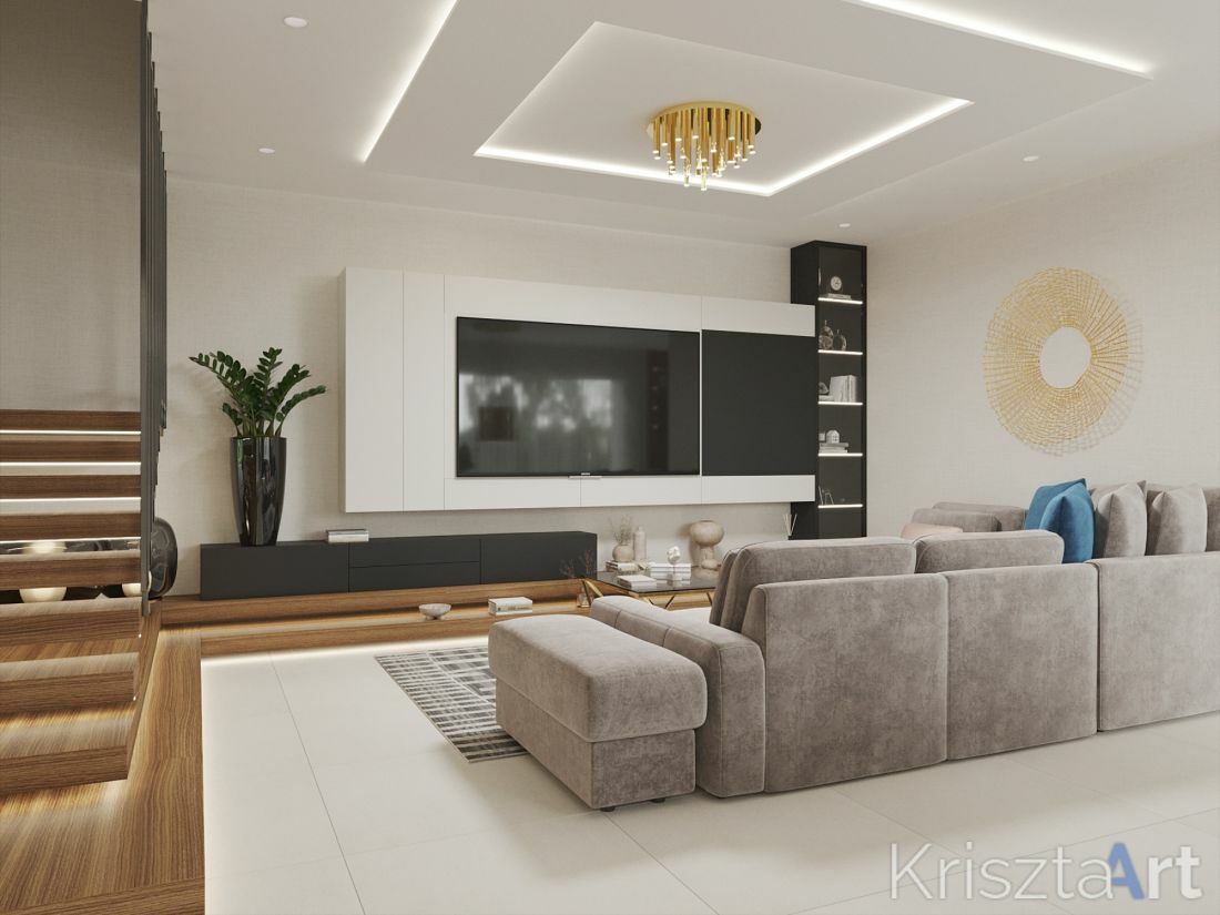 Modern nappali egy kényelmes tévénézős kanapéval