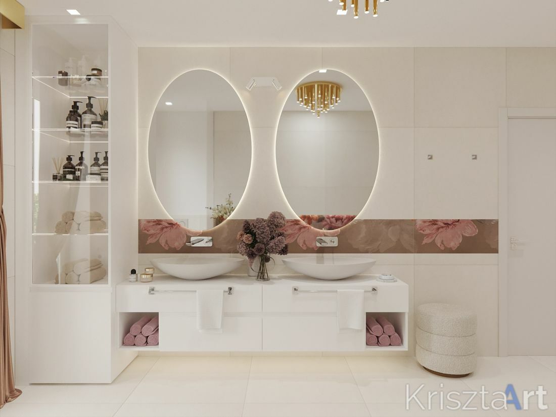 Dupla mosdós fürdőszoba szekrény és ovális tükrök
