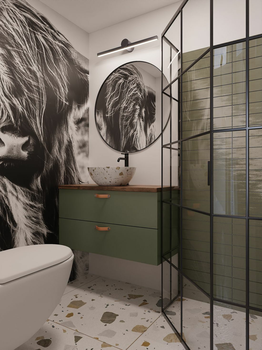 Trendi fürdőszoba bölény mintás poszterrel, terrazzo lapokkal és zuhanyzóval