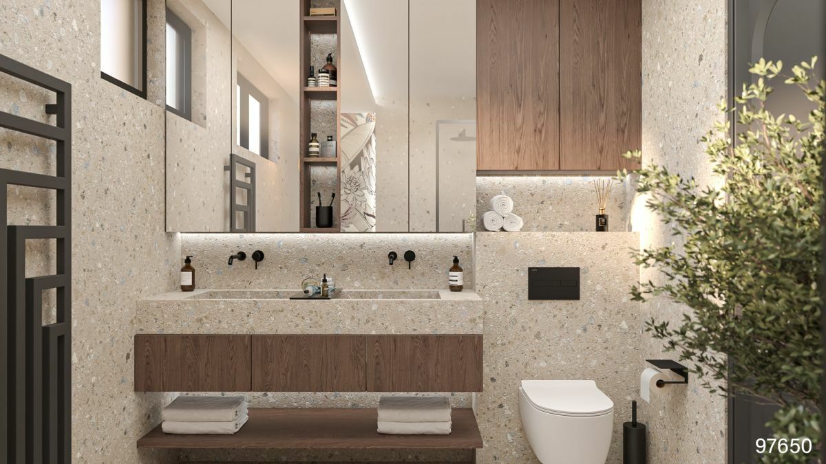 Natúr kőmintás burkolat a modern fürdőszobában