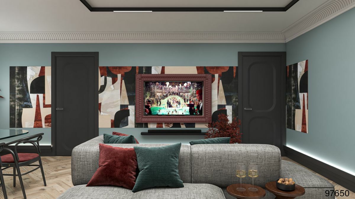 Modern faldekor és régi képkeret a tv körül