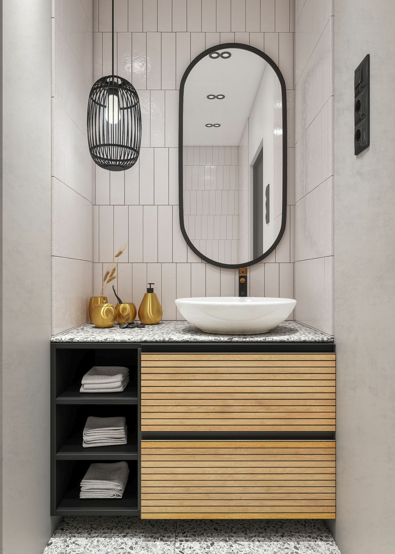 A mosdó bútorai is szinkronban minden további részlettel A mosdó bútorai is szinkronban minden további részlettel