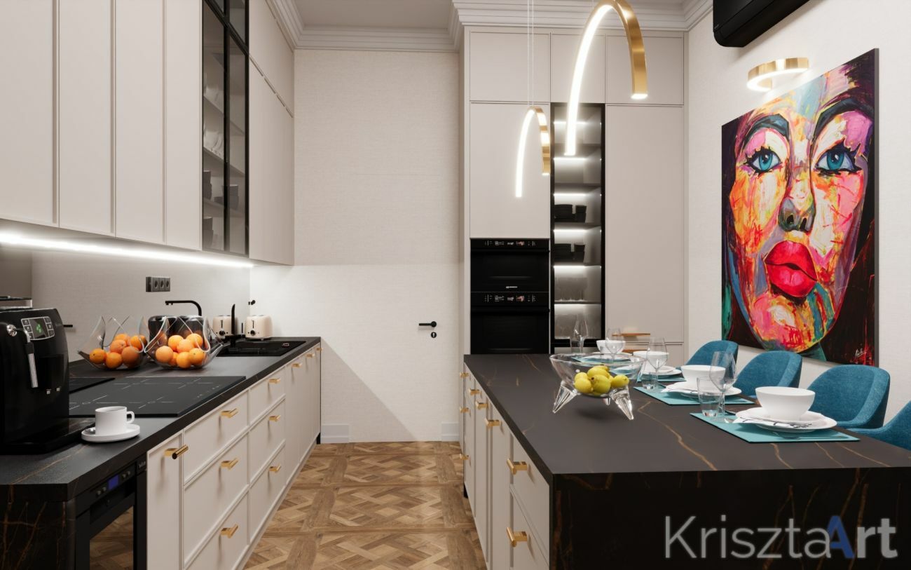 Nagy tárolókapacitás és vitrinszekrények a konyhában