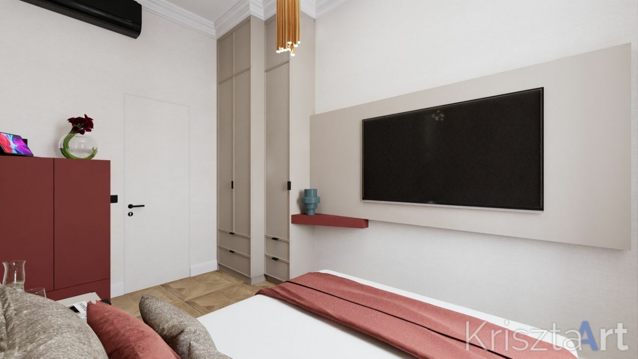 A vörös hálószoba szekrényei szintén a lakberendező tervei alapján kerülnek gyártásba