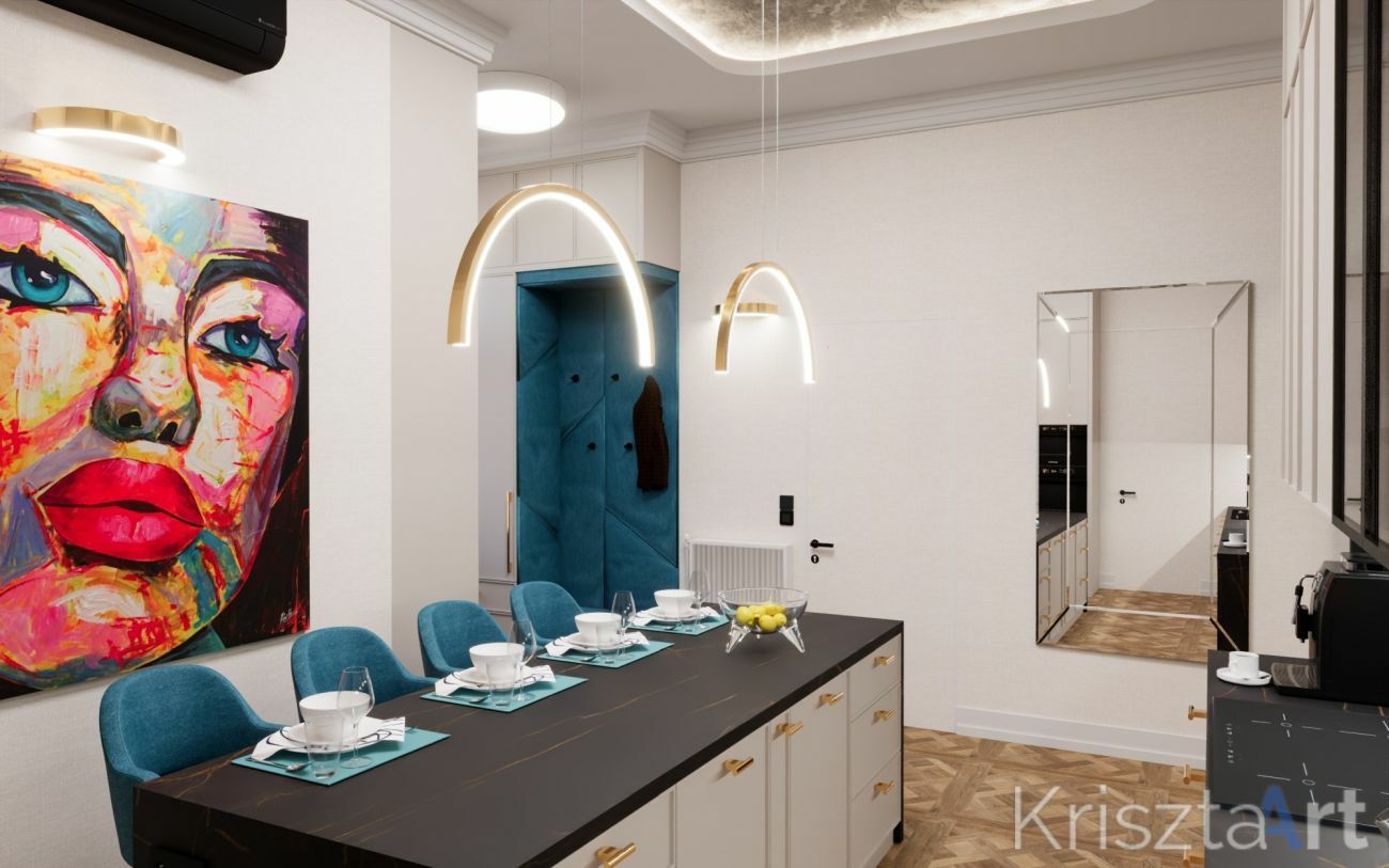 Nagy konyhasziget íves lámpákkal